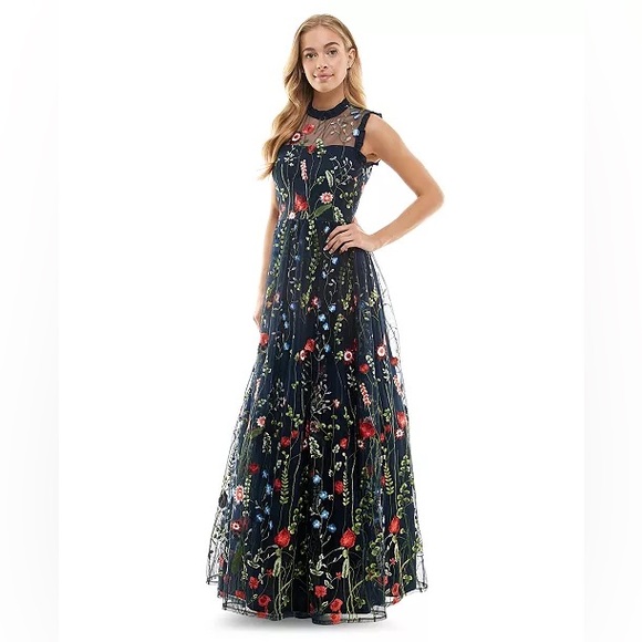 NWT CITY STUDIOS Juniors' Embroidered Mesh Ruffled Gown, dress blue size 3 - Picture 2 of 16